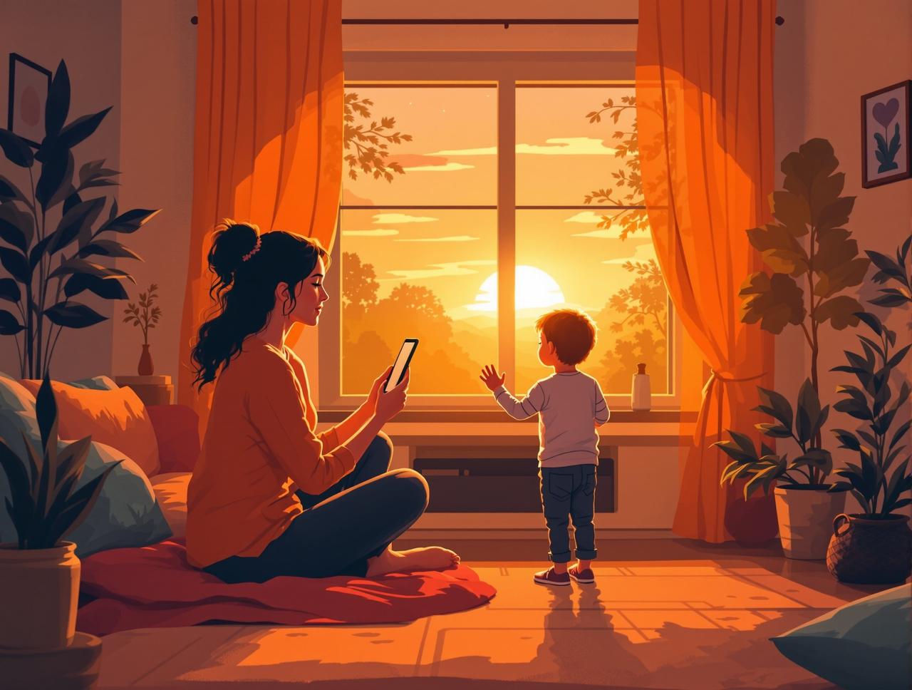 AI漫剧黄豆品牌故事 - 创始人李晨曦与孩子一起观看动画片的温暖时刻